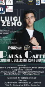 Pausa Caffè – Contro il Bullismo, con i Giovani” approda a Caserta, con un incontro speciale dedicato agli studenti e alla prevenzione del bullismo. L’evento si terrà mercoledì 4 febbraio alle ore 9:30 presso l’Auditorium della Provincia di Caserta